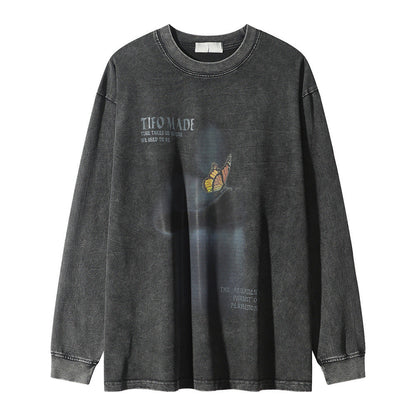 Men Long Sleeve T Shirt Butterfly Distressed Long Sleeve T-shirt Loose