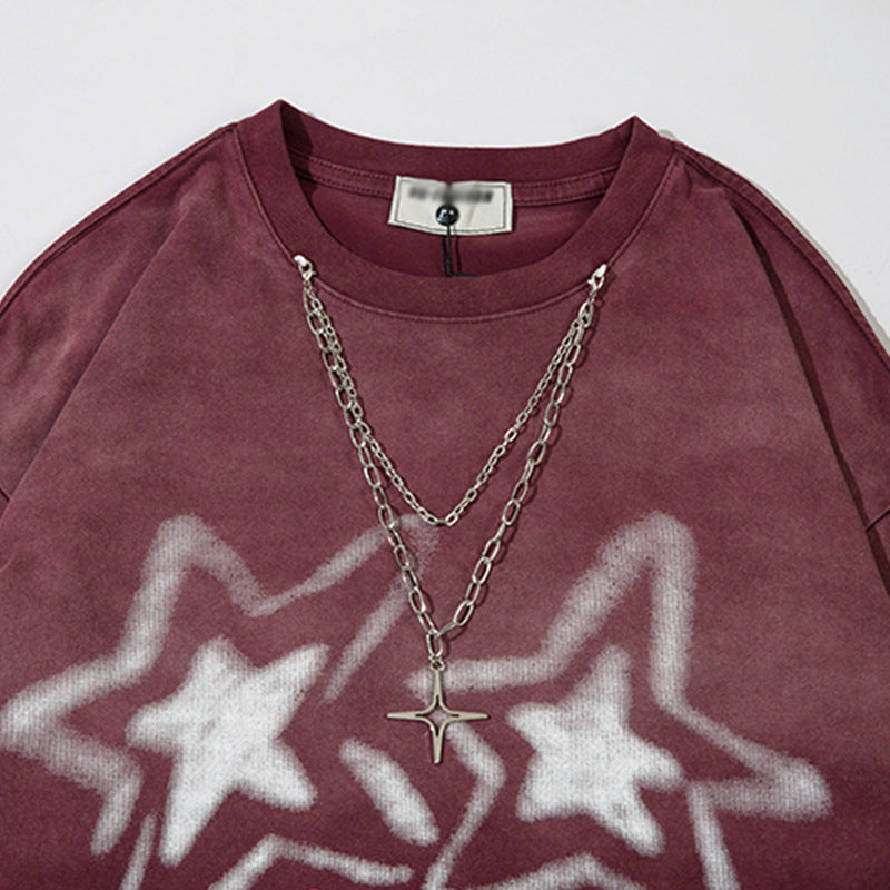 Men Long Sleeve T Shirt Five-Pointed Star Printing Stylish Chain Decoration