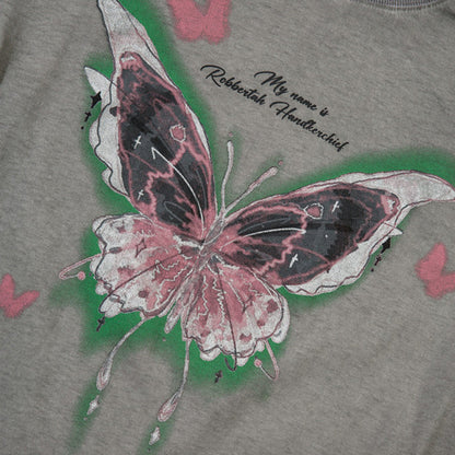 Men Long Sleeve T Shirt Butterfly Print Distressed and Dirty