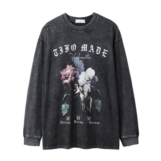 Men Long Sleeve T Shirt Rose Flower Print Distressed Loose