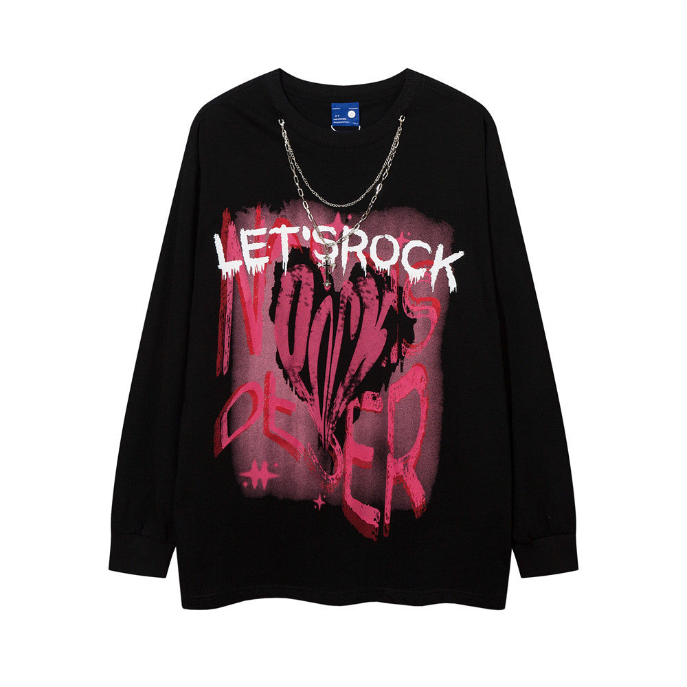 Men Long Sleeve T Shirt Hip Hop Graffiti Necklace Personalized Design