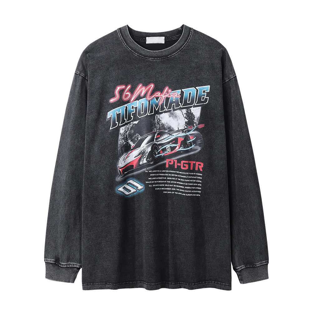 Men Long Sleeve T Shirt Super Race Car Pattern Distressed