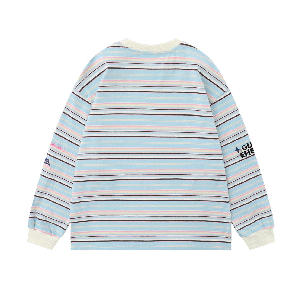 Men Long Sleeve T Shirt Striped Embroidery