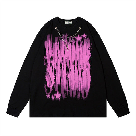 Men Long Sleeve T Shirt Graffiti Printing Chain Decoration