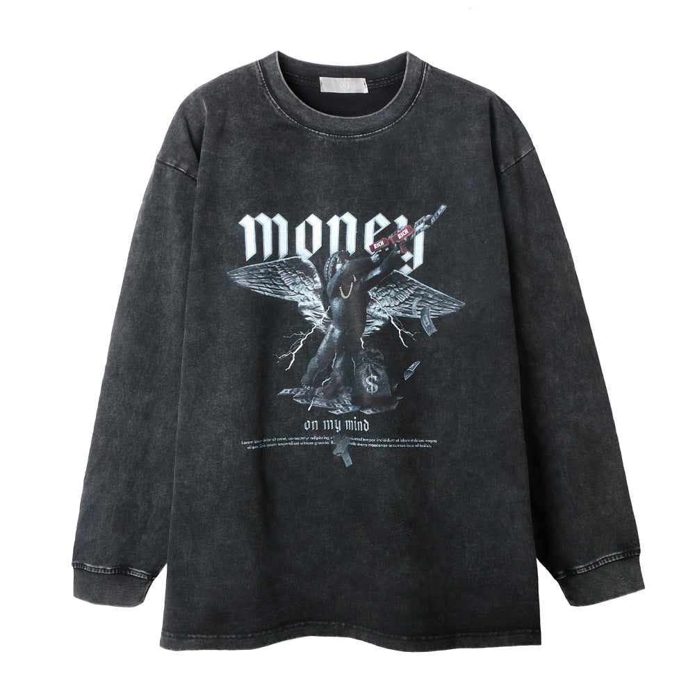 Men Long Sleeve T Shirt Money Printed Distressed Loose