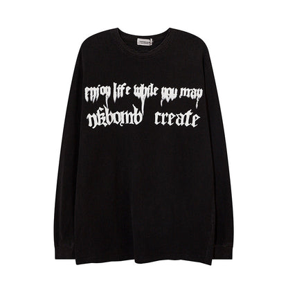 Men Long Sleeve T Shirt Letter Print Loose Worn out