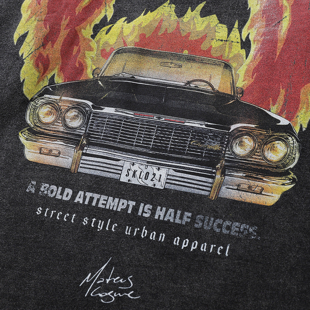 Men Long Sleeve T Shirt Flame Car Printing Loose Distressed