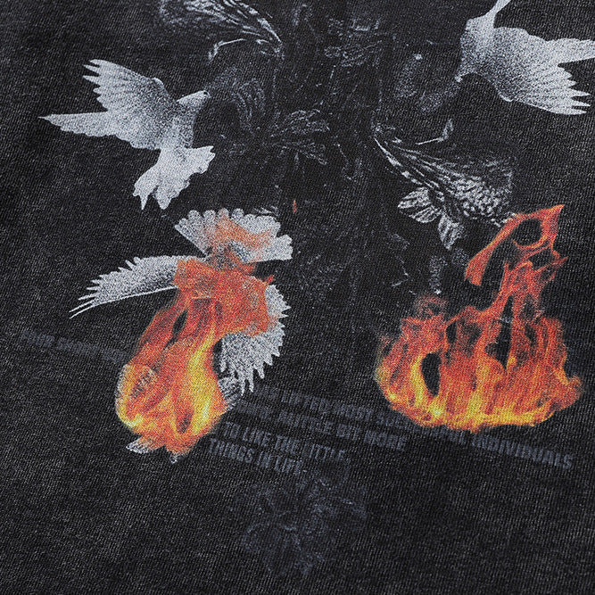 Men Long Sleeve T Shirt Peace Dove Flame Print Distressed