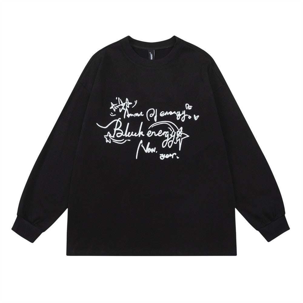 Men Long Sleeve T Shirt Graffiti Embroidery Loose Base Shirt