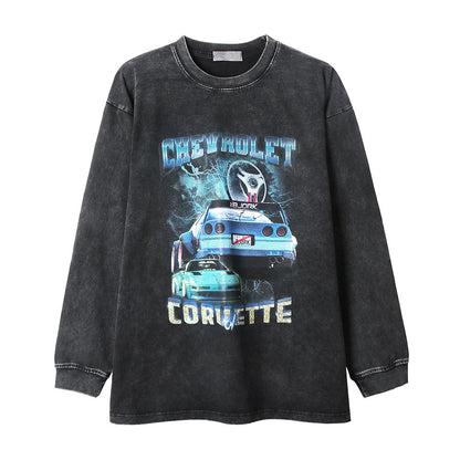 Men Long Sleeve T Shirt Racing Car Printing Distressed Loose