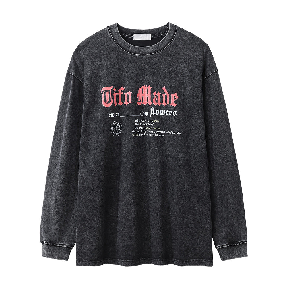 Men Long Sleeve T Shirt Rose Pattern Loose Distressed Niche