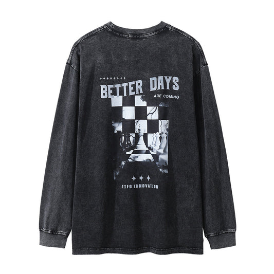 Men Long Sleeve T Shirt Creative Checkerboard Pattern Distressed