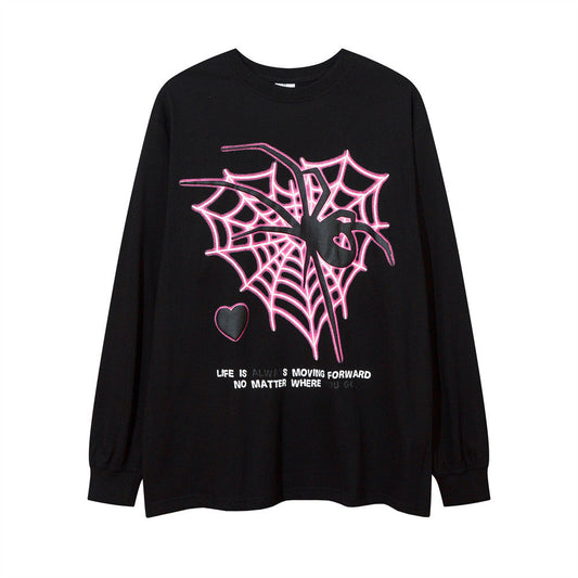 Men Long Sleeve T Shirt Heart-Shaped Spider Web Printed Loose