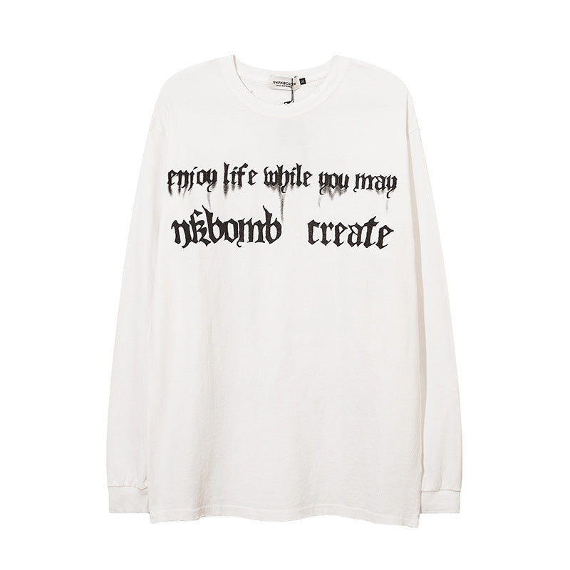 Men Long Sleeve T Shirt Letter Print Loose Worn out