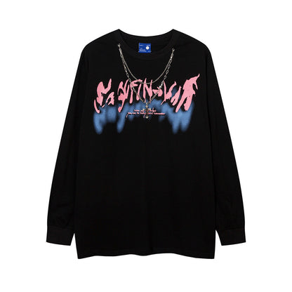 Men Long Sleeve T Shirt Graffiti Personalized Printed Necklace Decoration