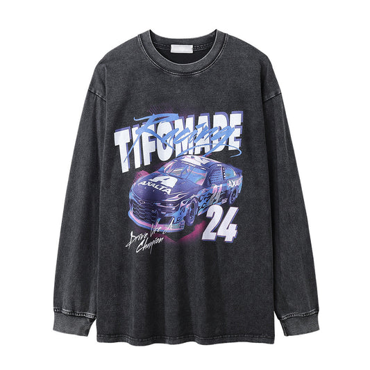 Men Long Sleeve T Shirt Racing Car Printing Distressed Loose