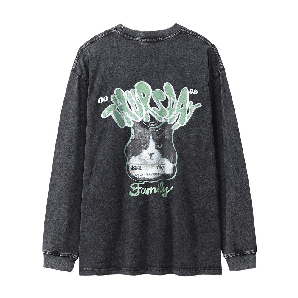 Men Long Sleeve T Shirt Dog Print Loose round Distressed