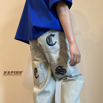 Men Cargo Pants Retro Classic Jeans Men's Autumn All-Matching Pants Loose Straight Cargo Pants