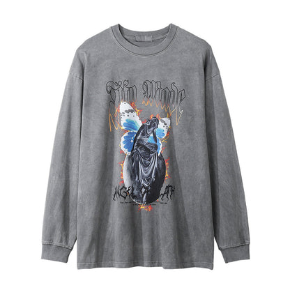 Men Long Sleeve T Shirt Angel Print Loose Distressed