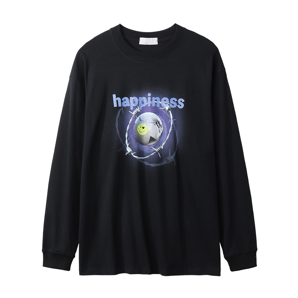 Men Long Sleeve T Shirt Creative Science Fiction Smiley Face Printing Loose Casual