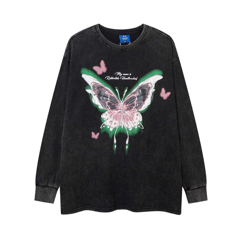 Men Long Sleeve T Shirt Butterfly Print Distressed and Dirty