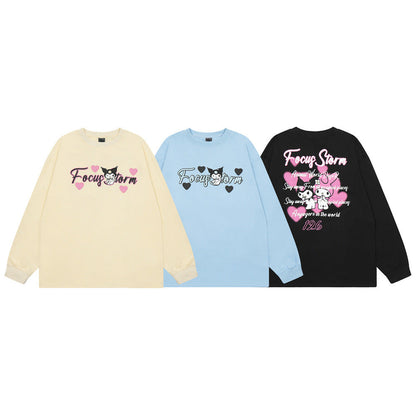 Men Long Sleeve T Shirt Cartoon Printed Cotton Loose