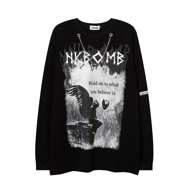 Men Long Sleeve T Shirt Dark Angel Print Loose