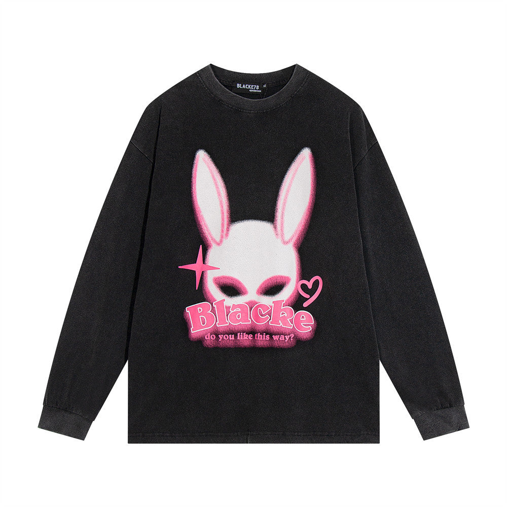 Men Long Sleeve T Shirt Rabbit Ear Print Washed and Worn