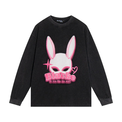 Men Long Sleeve T Shirt Rabbit Ear Print Washed and Worn