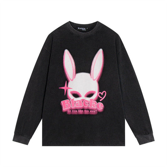 Men Long Sleeve T Shirt Rabbit Ear Print Washed and Worn