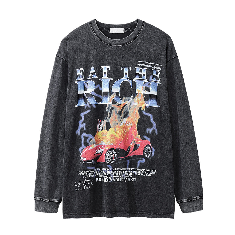 Men Long Sleeve T Shirt Flame Car Printing Distressed Loose