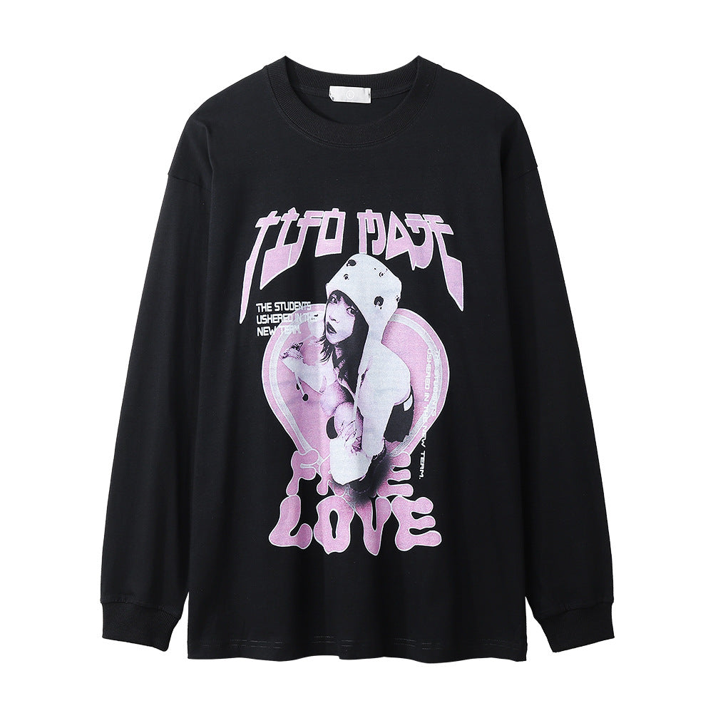 Men Long Sleeve T Shirt Portrait Heart Shape Printed Anime round