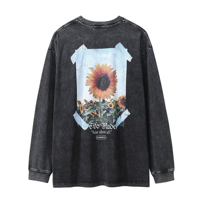 Men Long Sleeve T Shirt Sunflower Flower Print Niche Distressed