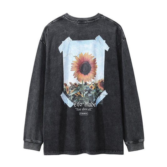 Men Long Sleeve T Shirt Sunflower Flower Print Niche Distressed