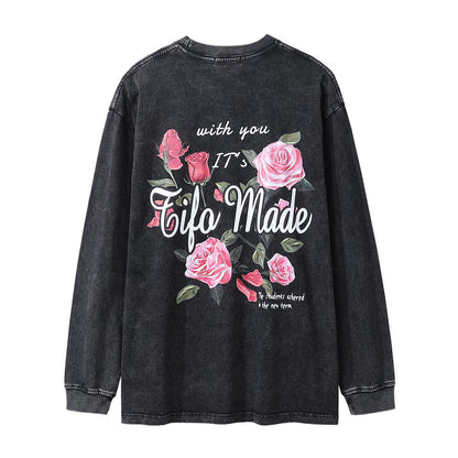 Men Long Sleeve T Shirt Rose Pattern Loose Casual Distressed