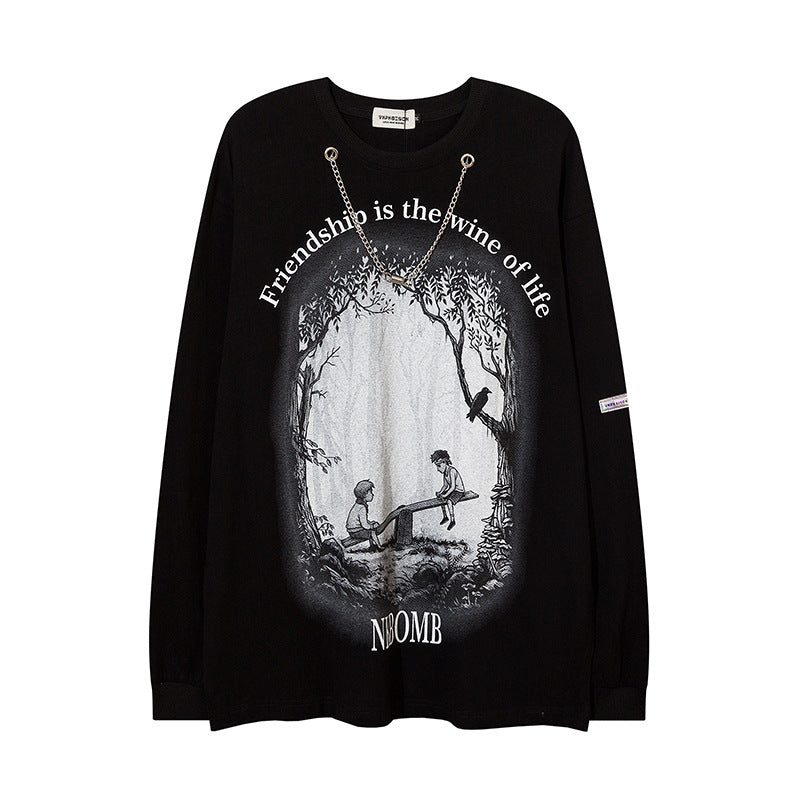 Men Long Sleeve T Shirt Childhood Scene Necklace Decoration