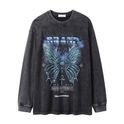 Men Long Sleeve T Shirt Butterfly Pattern Distressed