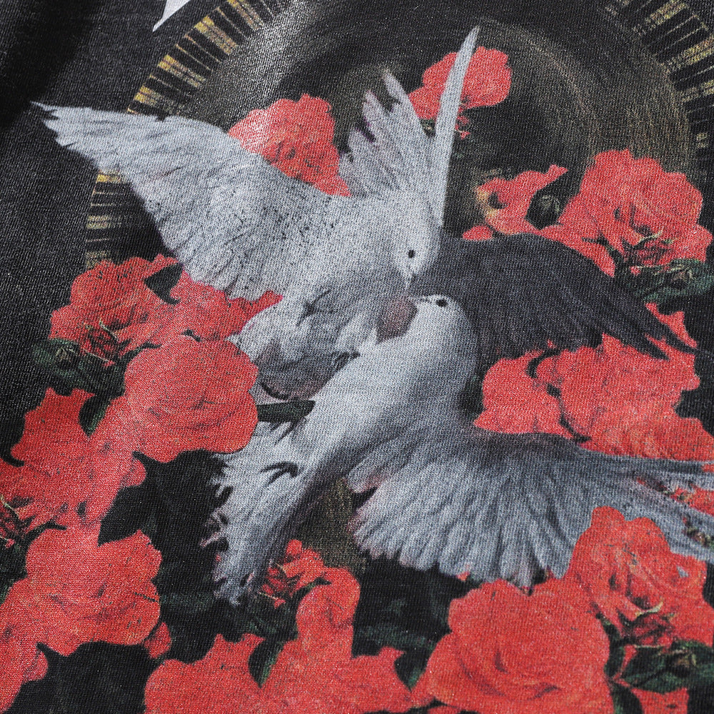 Men Long Sleeve T Shirt Peace Dove Rose Print Distressed Loose