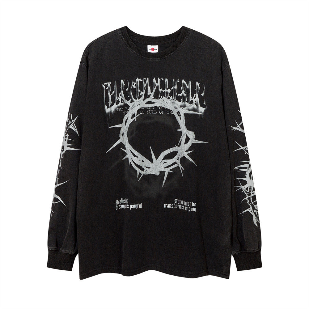 Men Long Sleeve T Shirt Dark Graffiti Washed and Worn